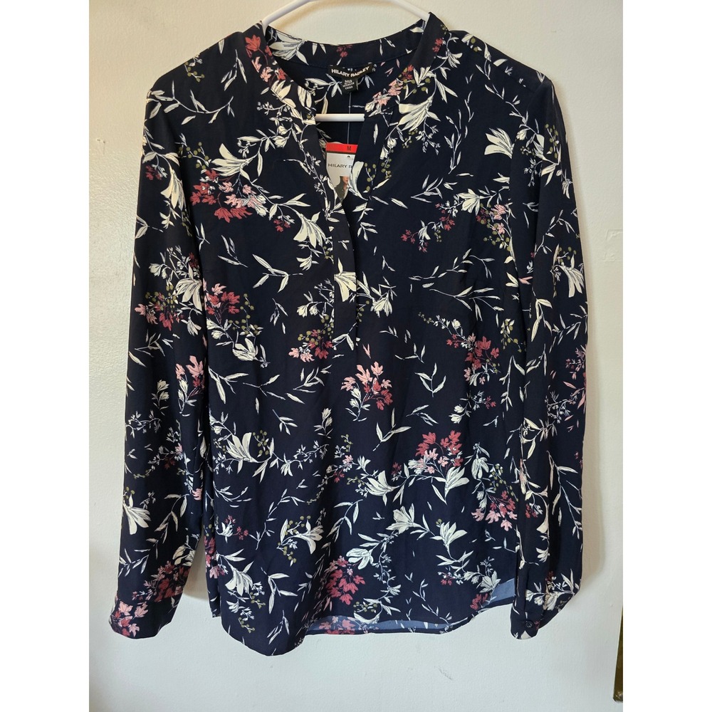 Hilary Radley Womens Navy Blue Floral Split V-Neck Long Sleeve Blouse Size M NWT - Picture 2 of 9